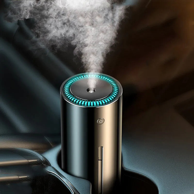 Black aluminium alloy car humidifier and aromatherapy diffuser with USB cable for 12V power.