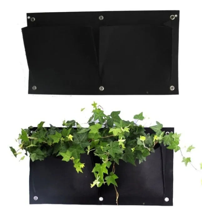 Vertical felt wall planter with 18 green planting pockets for herbs and flowers