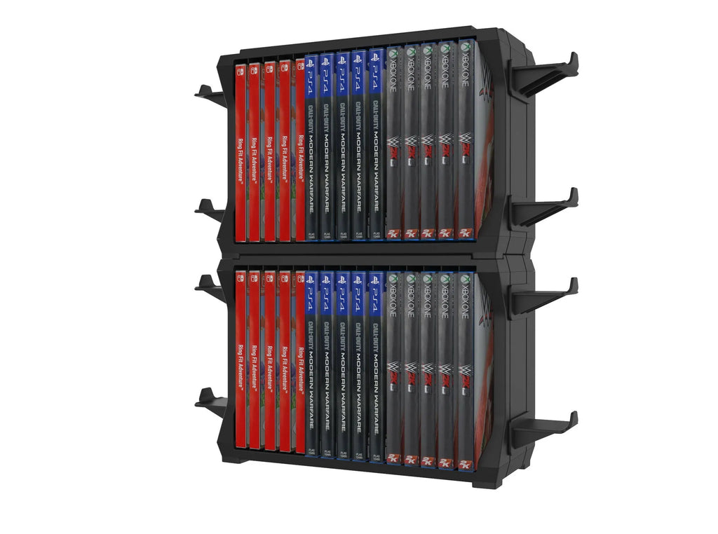 Black PS5 disc holder with slots for game cartridges and four controller storage bays
