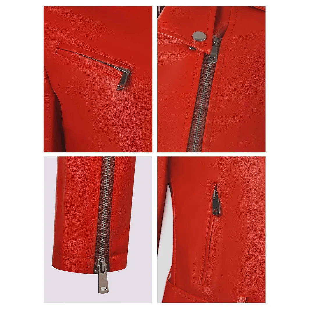 Women's red PU leather jacket with a lapel collar and a short black belt fastened at the waist.