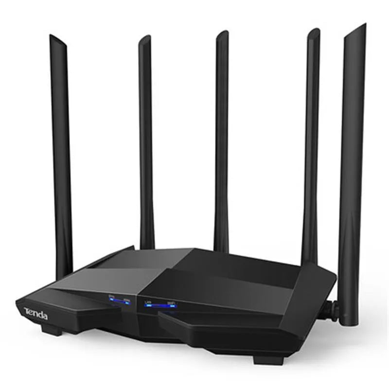 Black AC11 Gigabit wireless router showing Gigabit ports, with AU, EU, UK, and US plug adaptors.