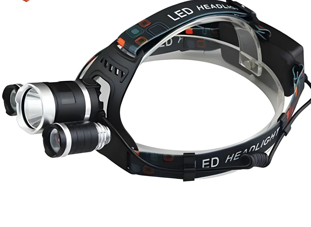 Rechargeable aluminium headlamp with adjustable headband on black background, showing LED lens and switch.