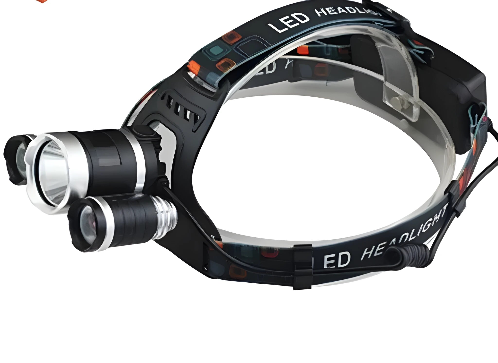 Rechargeable aluminium headlamp with adjustable headband on black background, showing LED lens and switch.