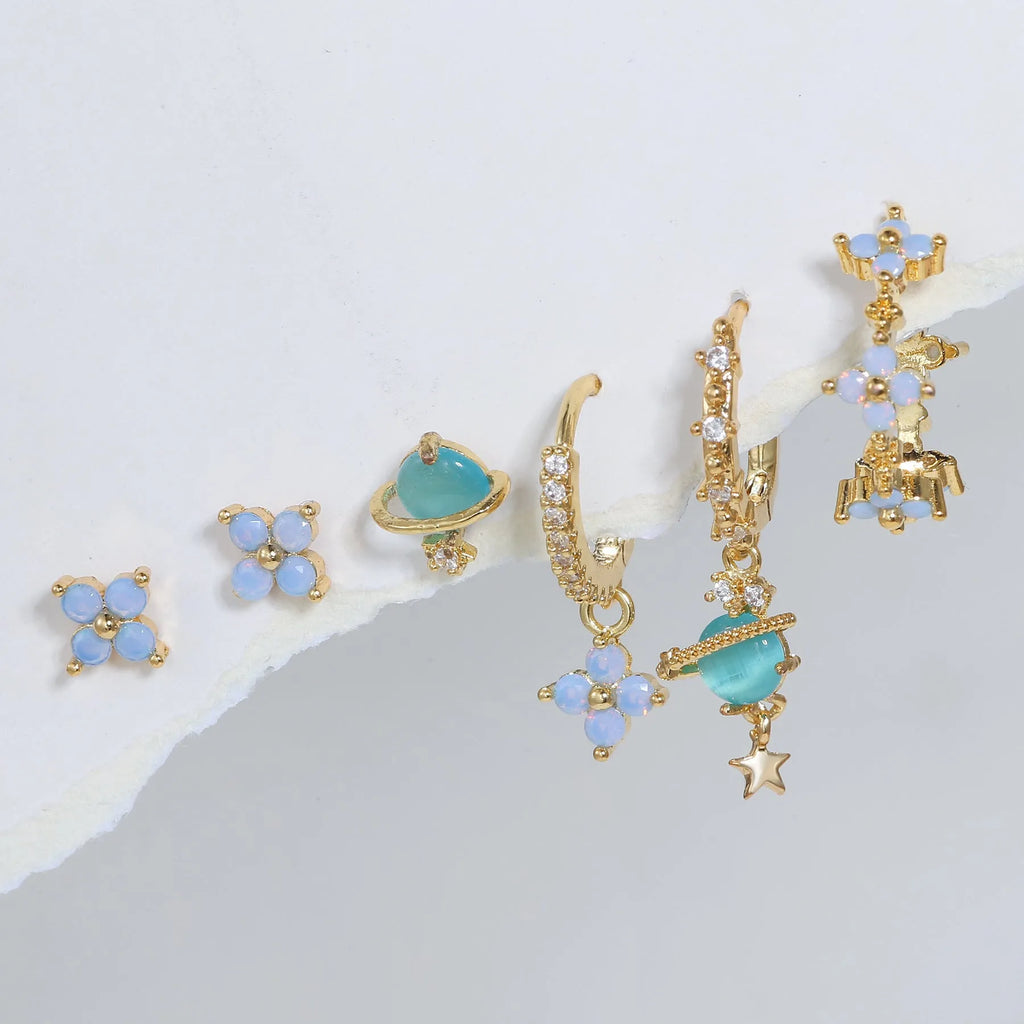 Japanese Korean sweet girl earrings with blue protein flower nail zircon mosaic design in gold or silver colour