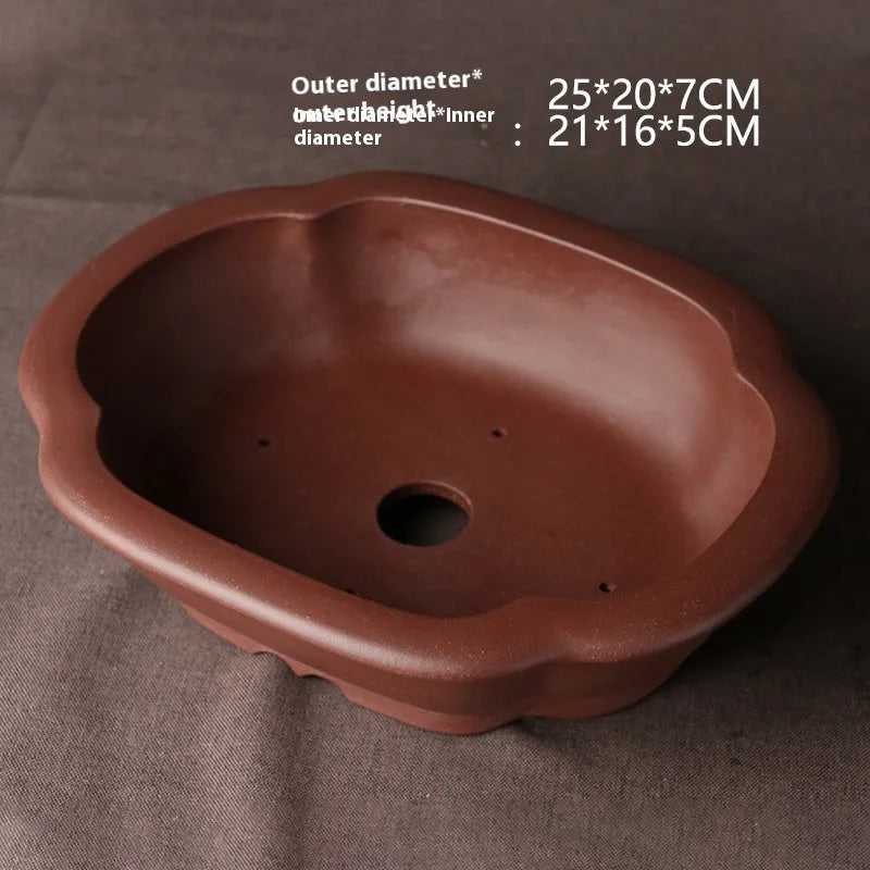 Handmade purple clay bonsai basin with classical Chinese design measuring 25x20x7cm