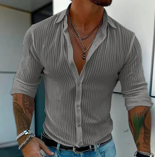 Men's striped cardigan shirt in British style with long sleeves and loose fit for summer business casual wear