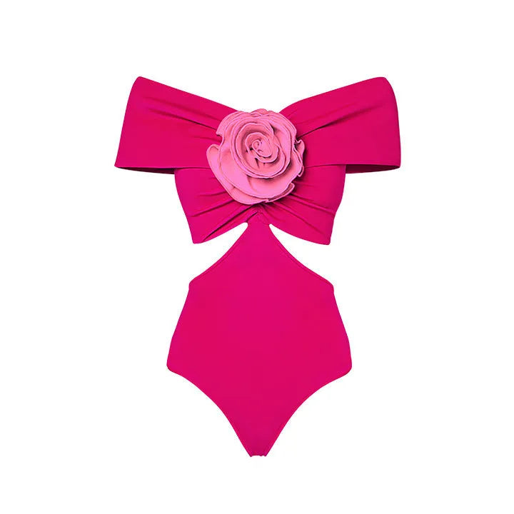 Women's one-piece swimsuit with hollow-out floral pattern and a matching wrap skirt laid flat.