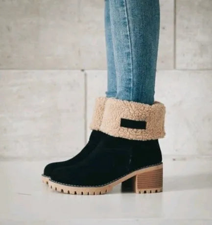 Women's suede mid-tube snow boots in various colours on a beef tendon sole with a waterproof platform.