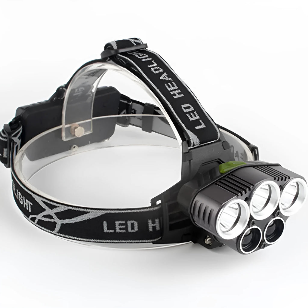 Fixed focus head-mounted camping lamp with LED lighting showing forward illumination pattern