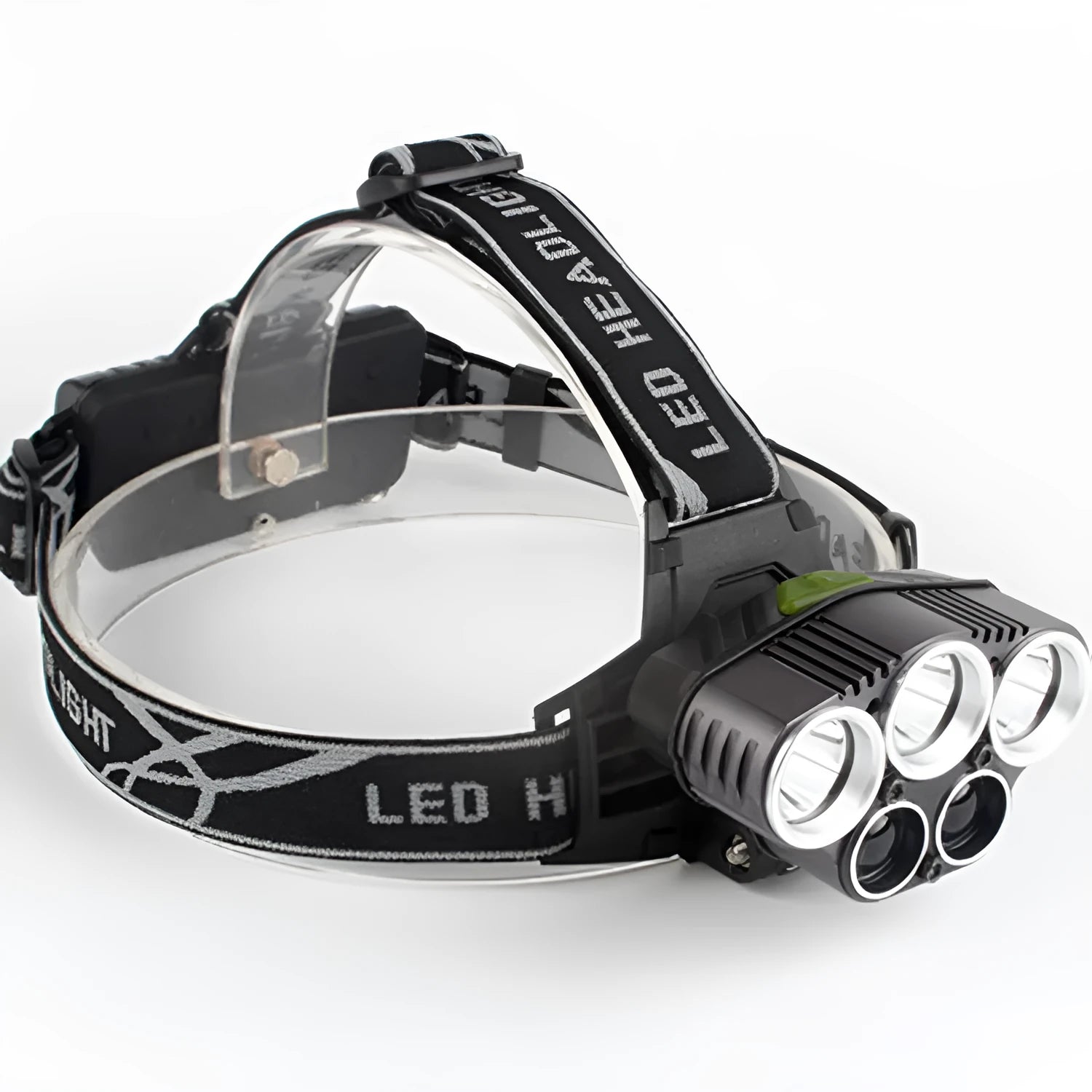 Fixed focus head-mounted camping lamp with LED lighting showing forward illumination pattern