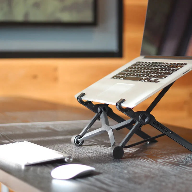 Black portable folding laptop computer stand with reinforced nylon construction showing 35.4cm dimensions