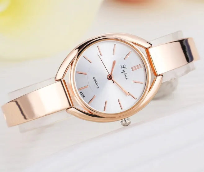Women bracelet quartz wristwatch round dial silicone strap alloy case pin buckle silver rose gold