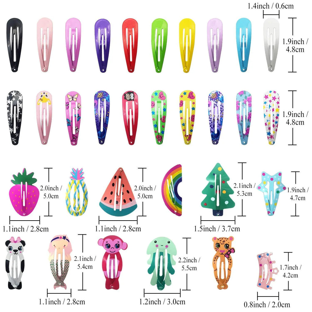 100-piece hair clip set with metal snap closures in assorted candy colours and cartoon designs