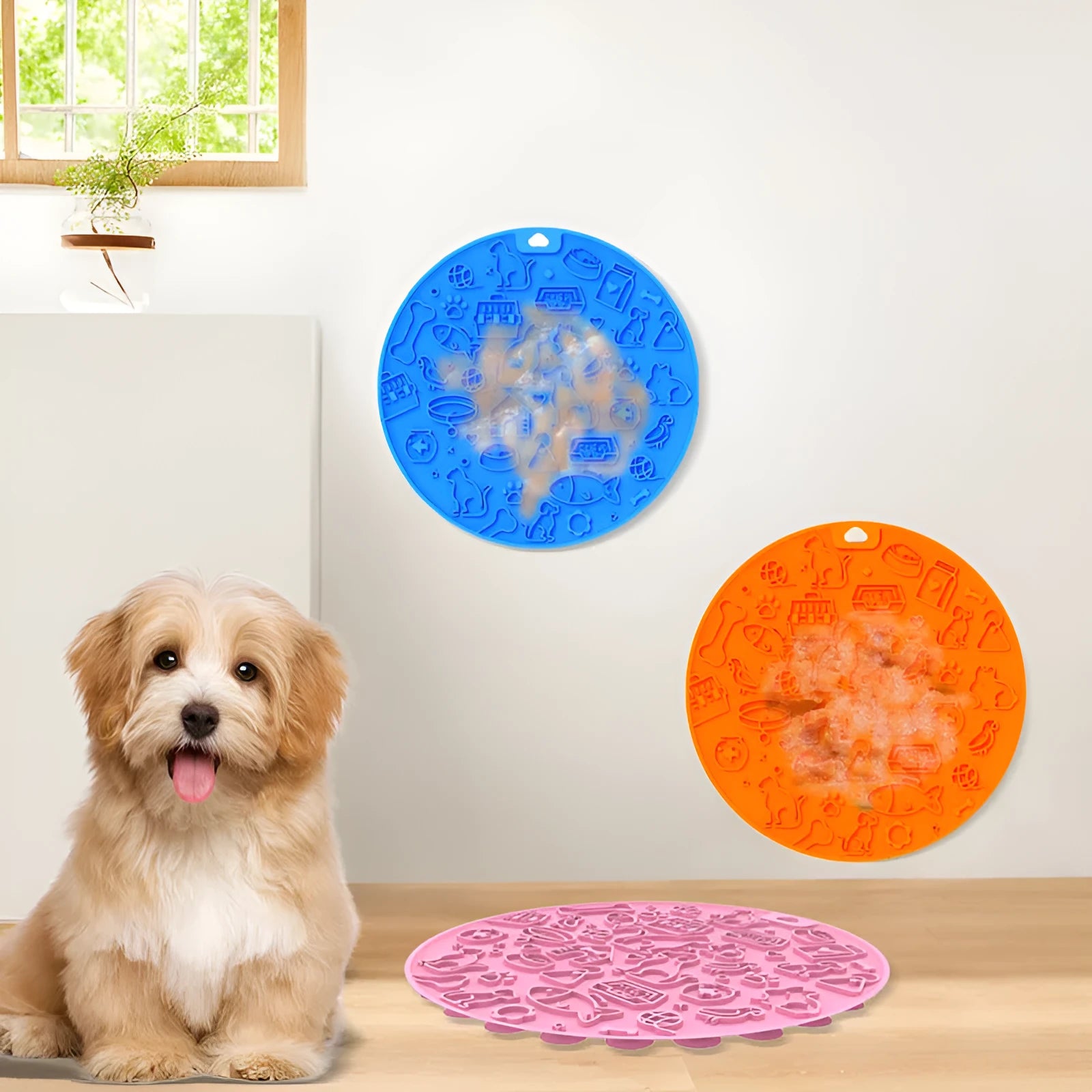 Round silicone pet licking mat with textured surface and suction cups in various colours