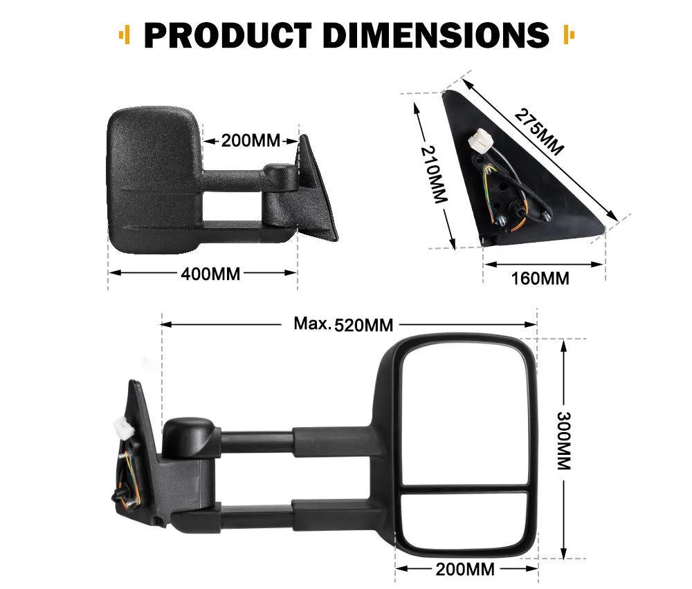 Pair of black foldable rearview mirrors for Toyota Land Cruiser 100 (1998-2007 models)