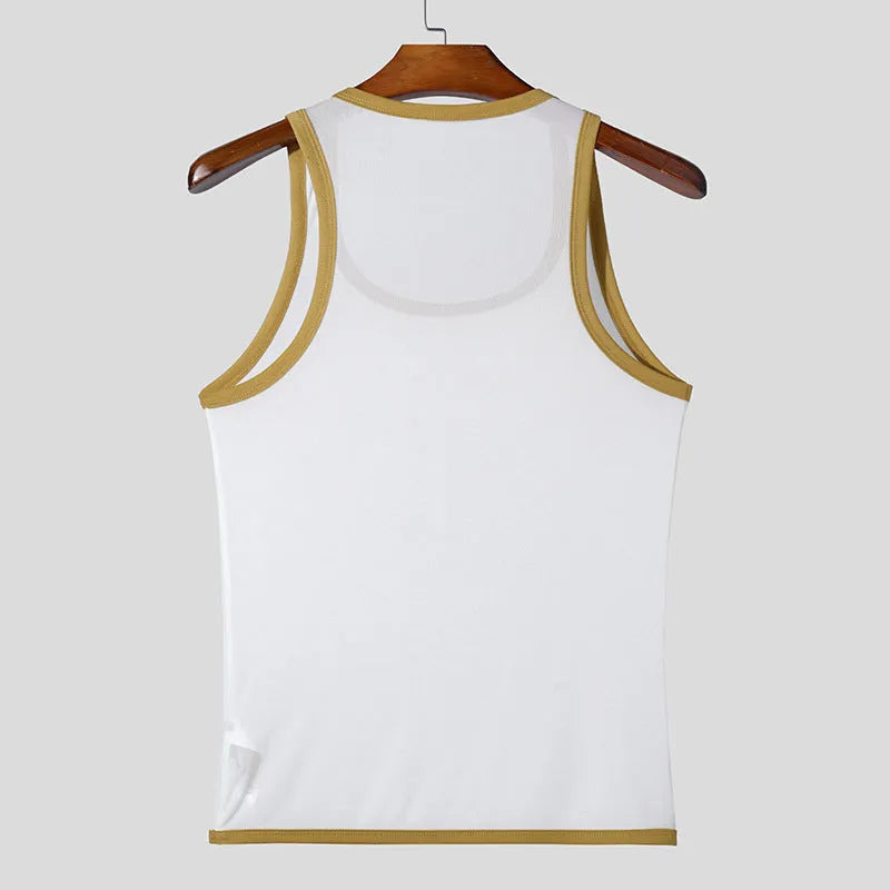 Men's black mesh sports vest with straight hem design, shown front view