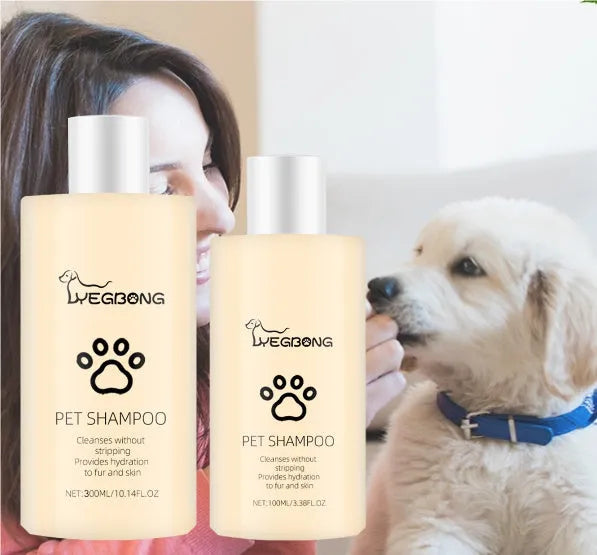 Bottle of mild pet shampoo for dogs and cats, available in 100ml and 300ml sizes.