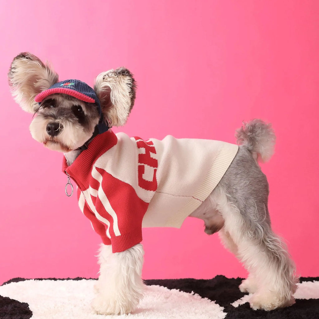 Red wool blend sports cardigan for male puppy dog on mannequin