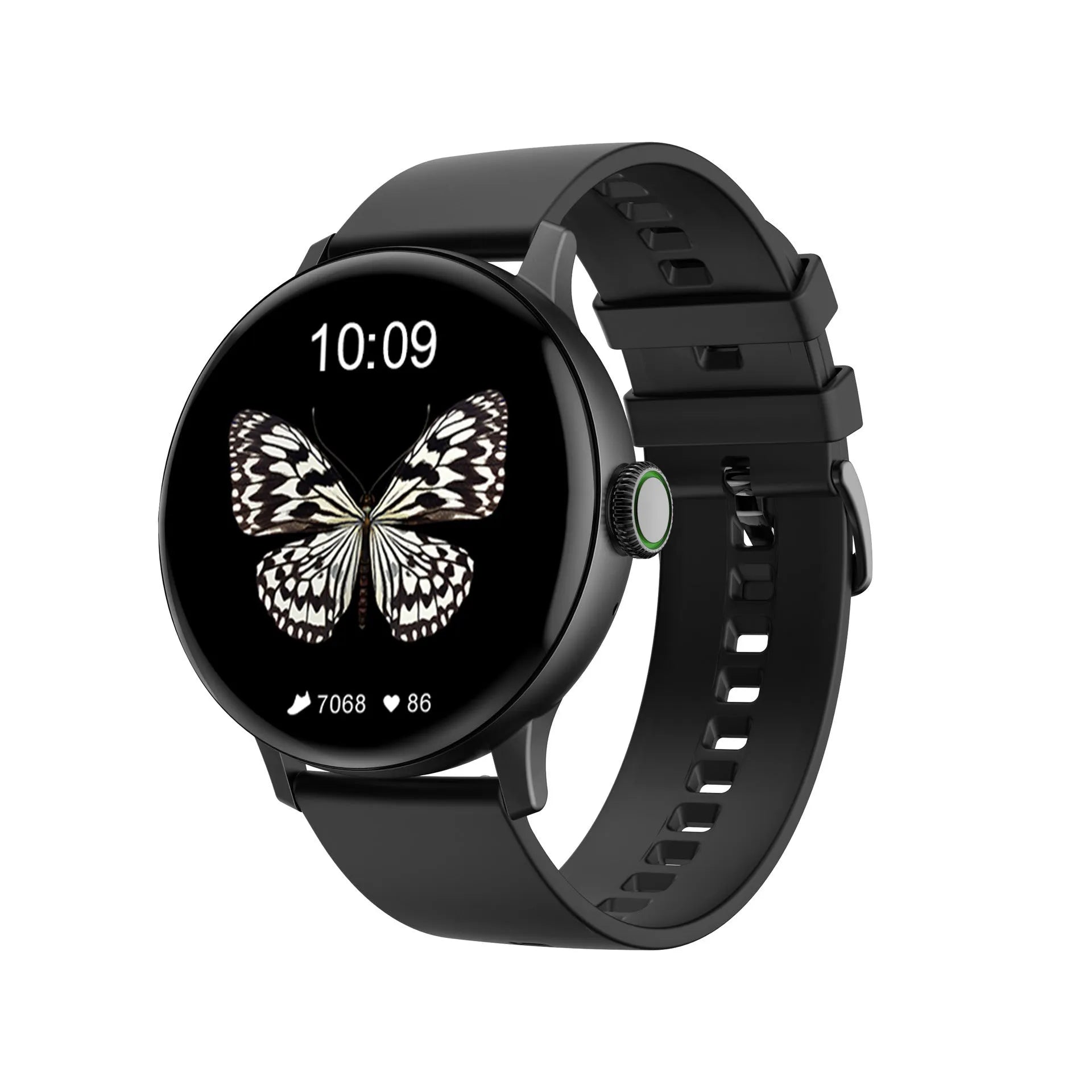 Bluetooth smart bracelet with 1.2-inch screen showing heart rate display, black steel strap variant