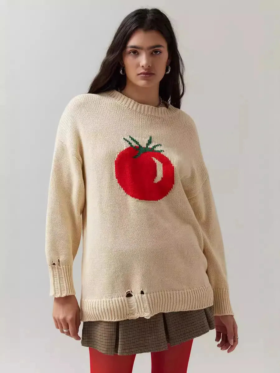 Women's milky white acrylic Jacquard knit pullover sweater with a loose fit and round neck