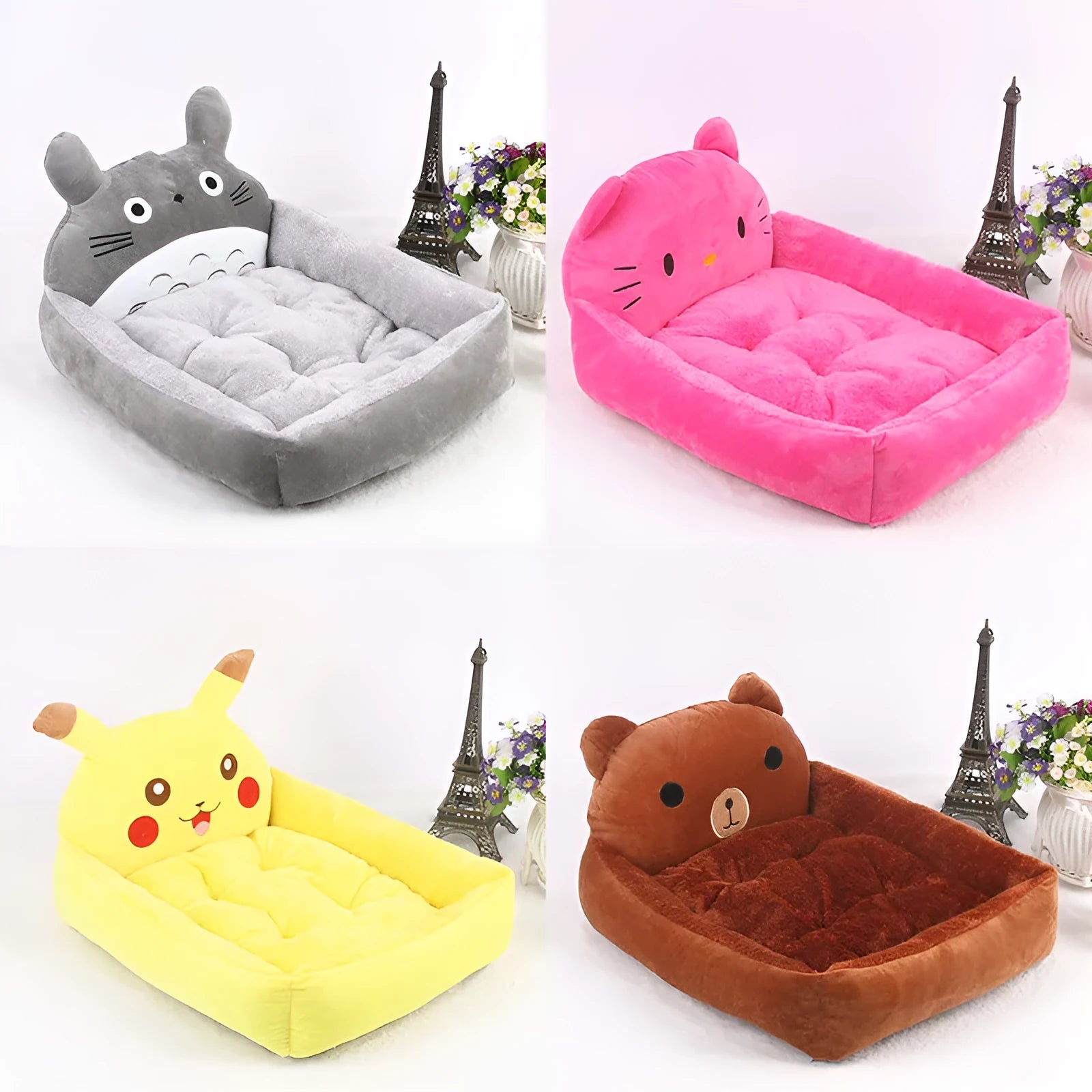 Cartoon-style washable pet bed for small dogs and cats in plush fabric with raised sides