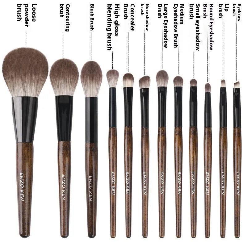 12-piece makeup brush set with wooden handles in a PU carrying case