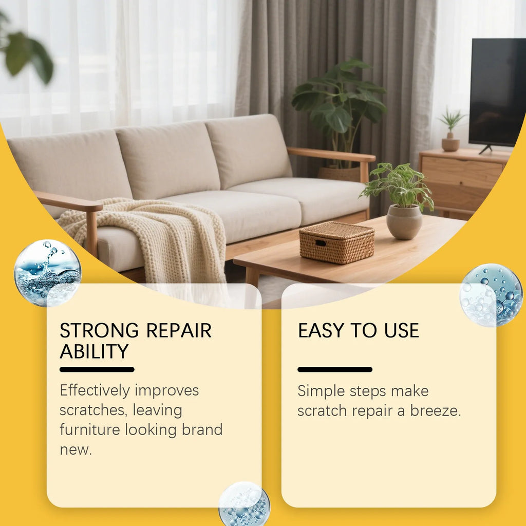 Wooden furniture scratch care kit showing 100ml bottle and 20x20cm microfiber towel for surface maintenance