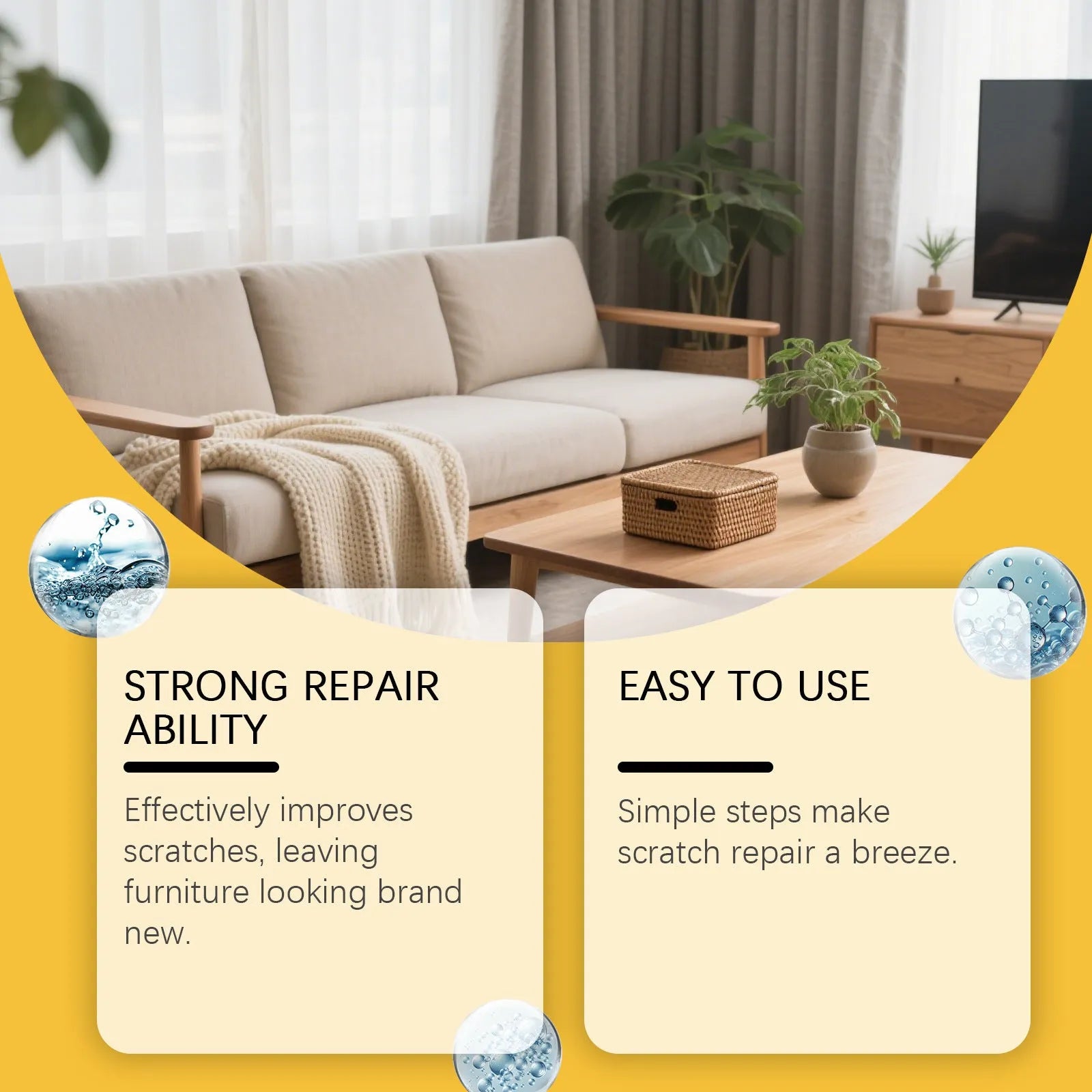 Wooden furniture scratch care kit showing 100ml bottle and 20x20cm microfiber towel for surface maintenance