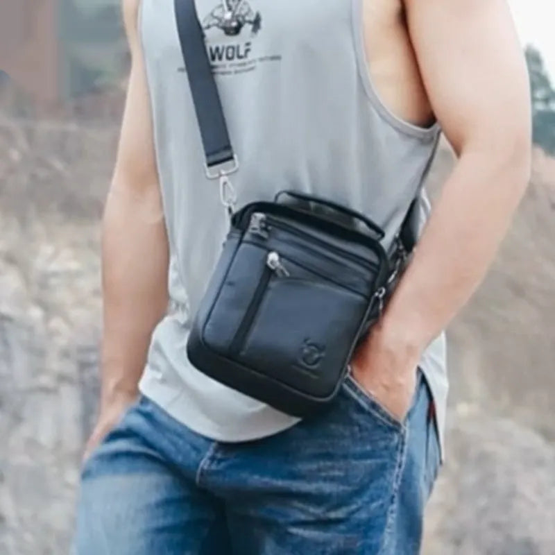 Men's black genuine leather retro style shoulder messenger bag for business casual and travel