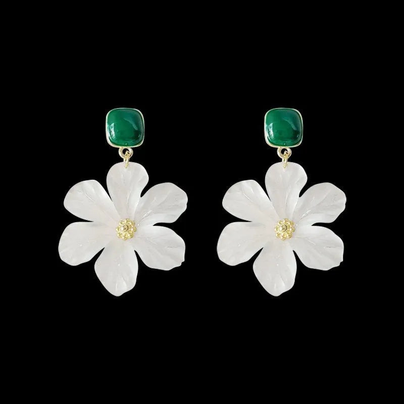 Dark green floral drop earrings with sterling silver finish and needle flowers design