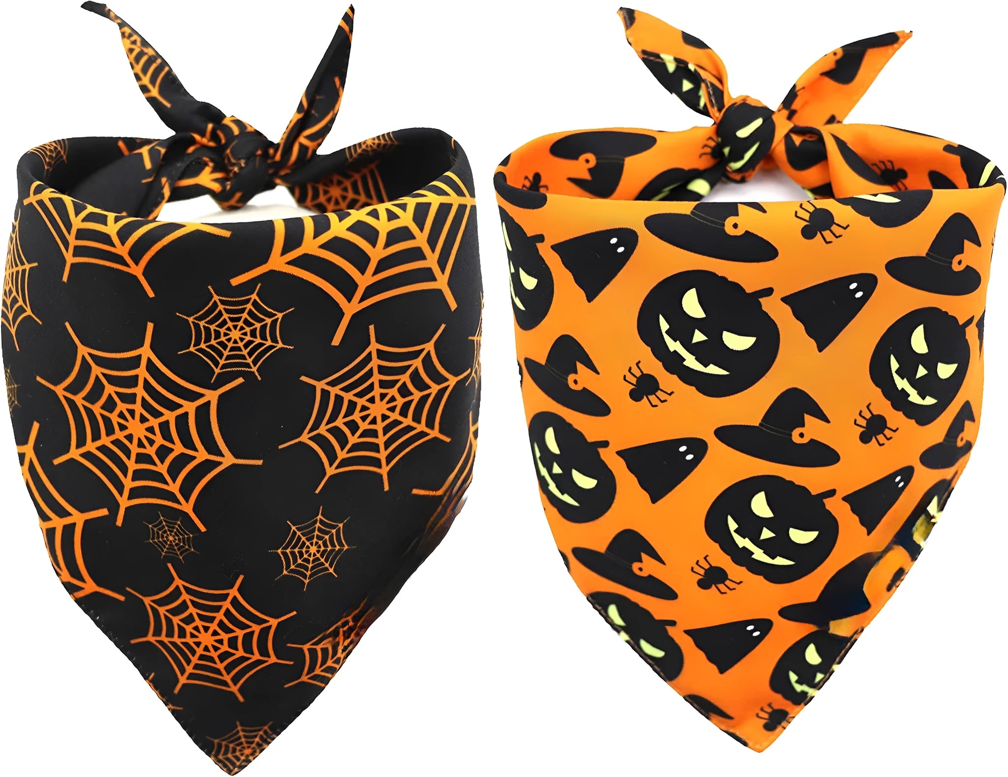 Black and orange reversible Halloween dog bandana with pumpkin and spider web patterns, adjustable for necks up to 16 inches
