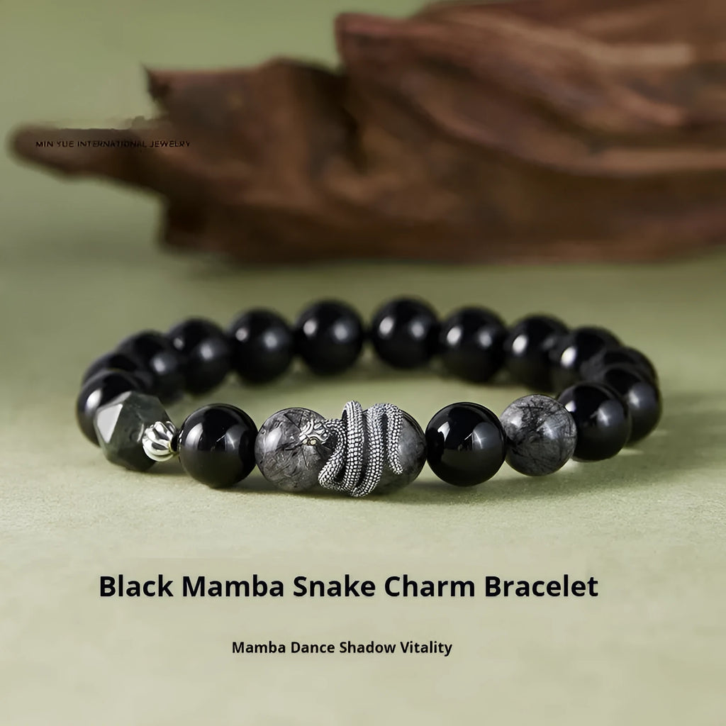 Men's S925 sterling silver bracelet with obsidian black hair crystal and detailed snake zodiac design on a black background.