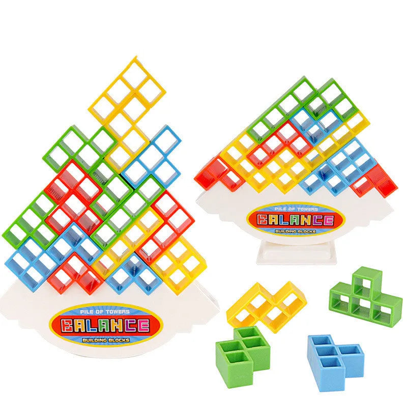 Plastic balance stacking game with 16 colourful building blocks, chassis and base on table