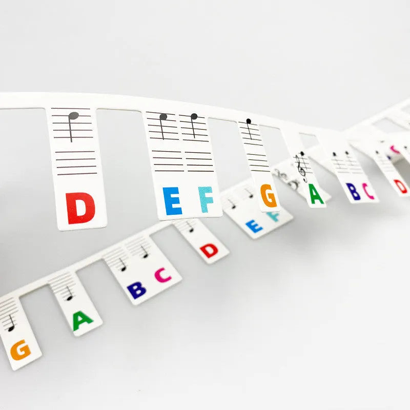 88 key piano keyboard stickers with staff notation and colour-coded note bars on white card