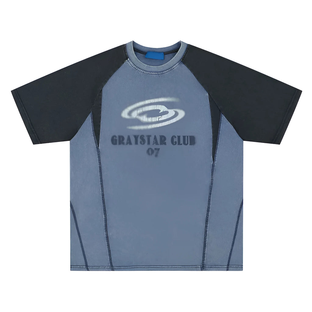 Men's blue cotton hip hop t-shirt with white letter print graphics and raglan sleeves