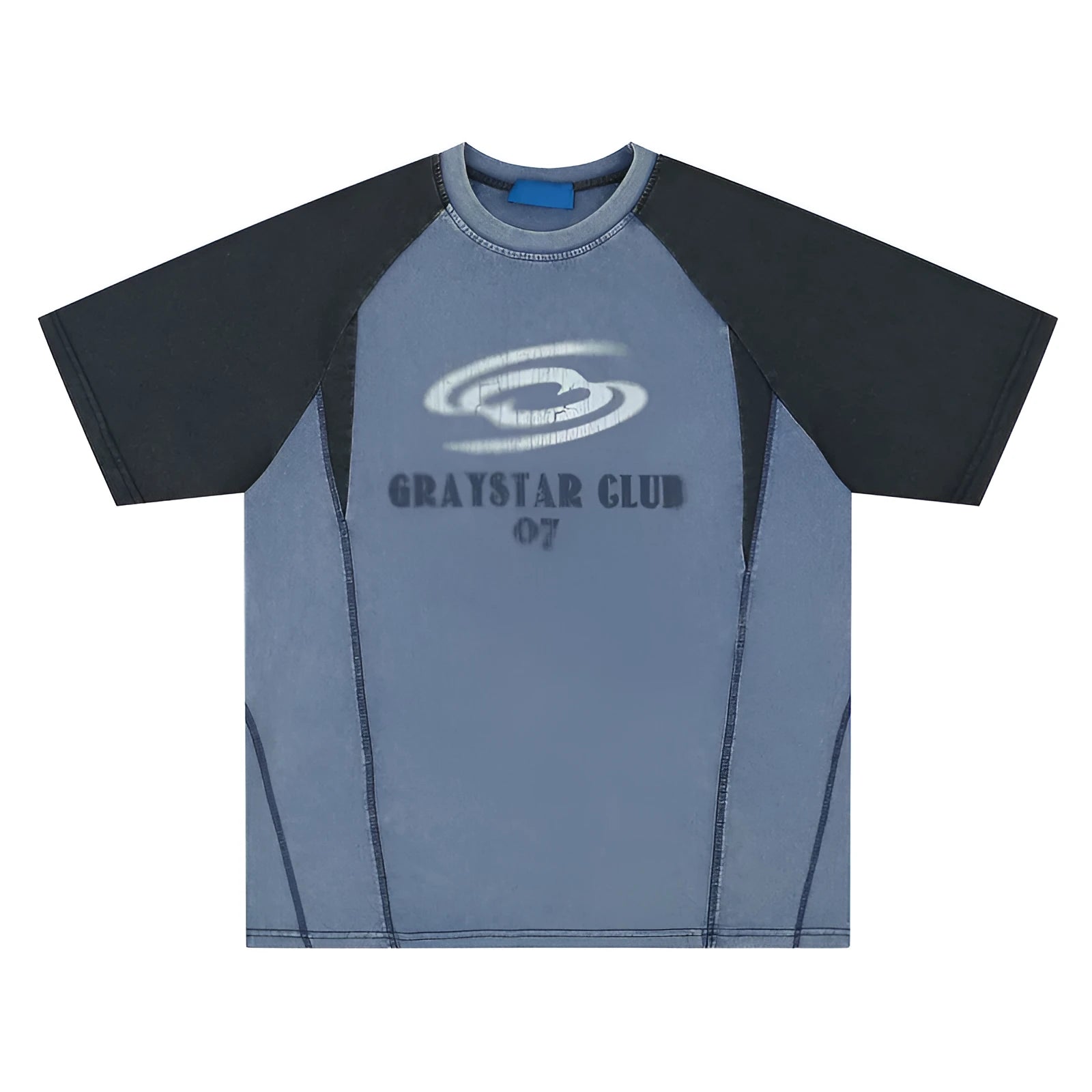 Men's blue cotton hip hop t-shirt with white letter print graphics and raglan sleeves