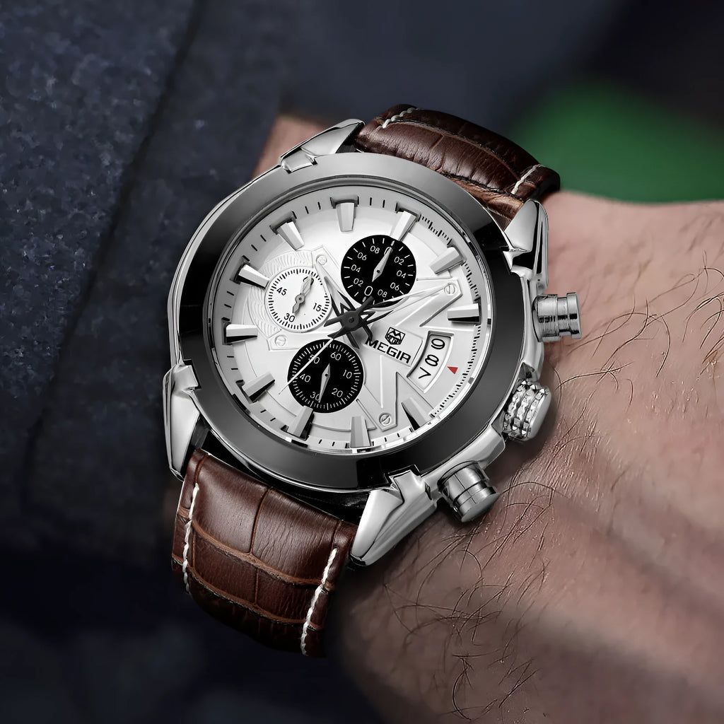 Men's three eyes chronograph watch with quartz movement, waterproof and luminous features in brown or black
