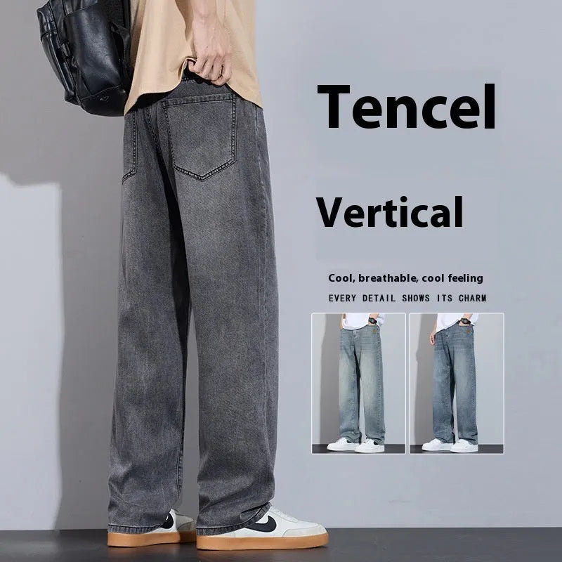 Straight-leg casual trousers in thin ice silk denim fabric shown in UK2560 blue colour.