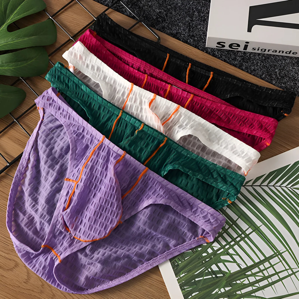 Men's ice silk lace low-waist briefs in solid colours: black, white, green, rose red, and light purple.