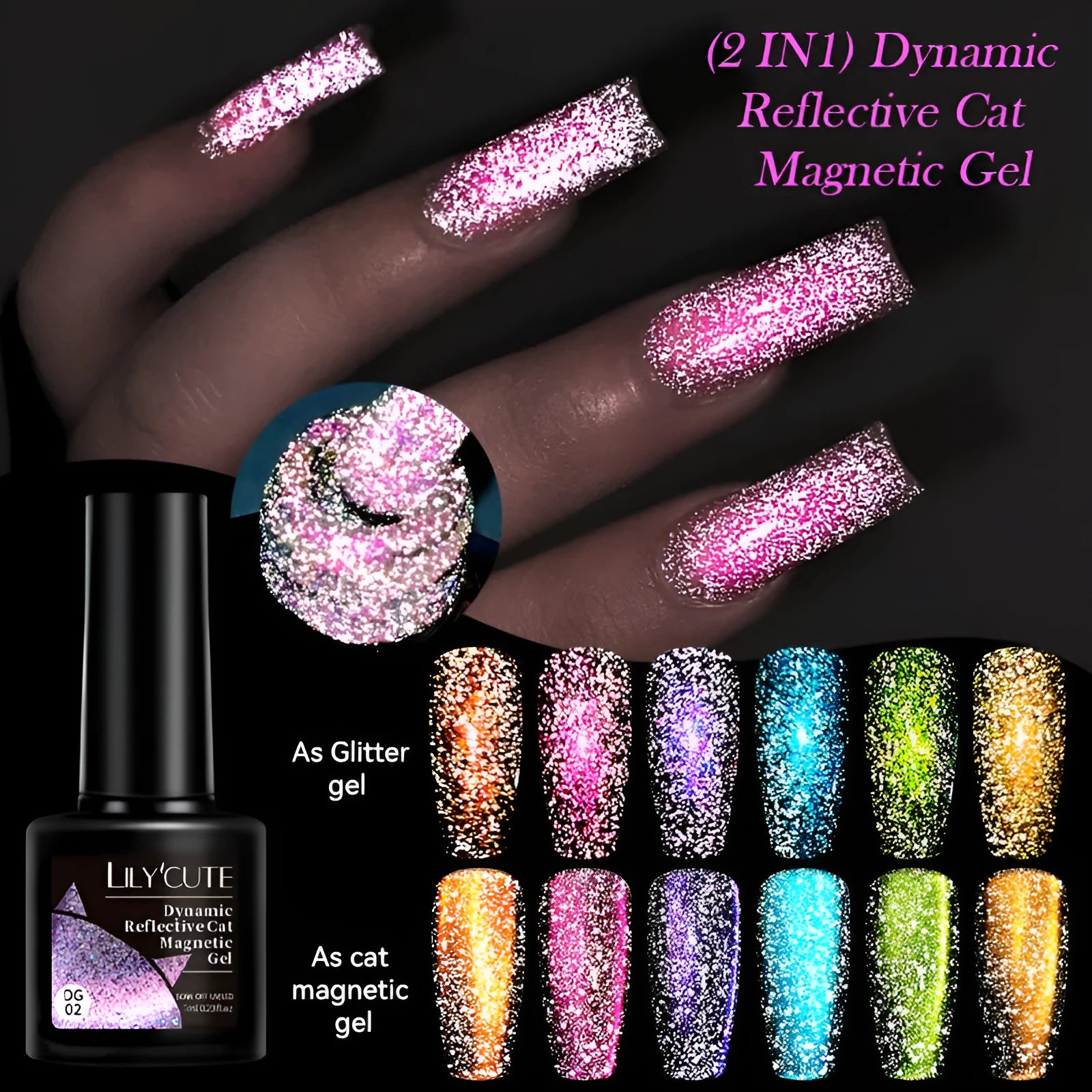 Six bottles of cat eye series nail polish gel with diamond glitter fragments in different colour styles