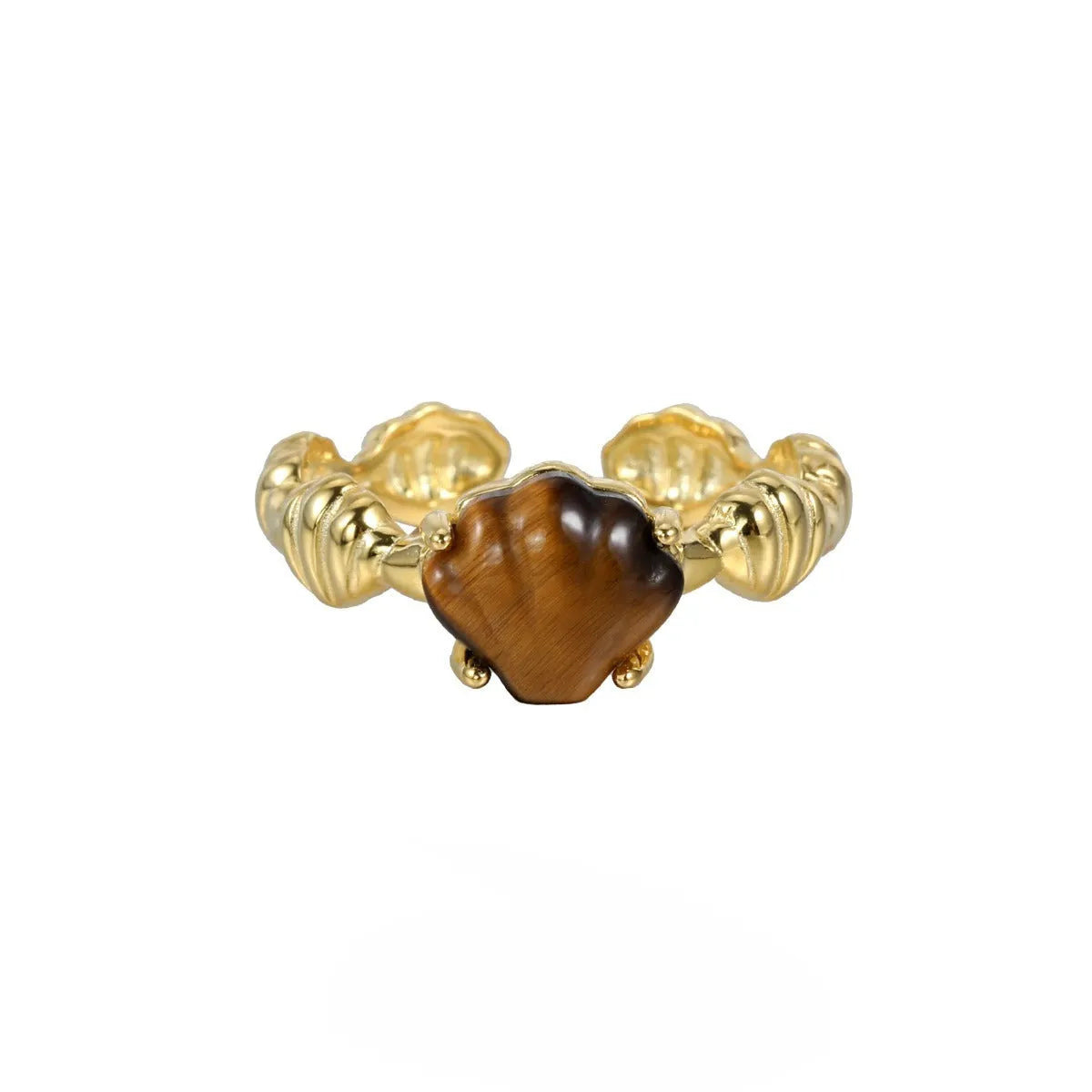 Adjustable silver ring with shell and tiger eye stone in white gold plating