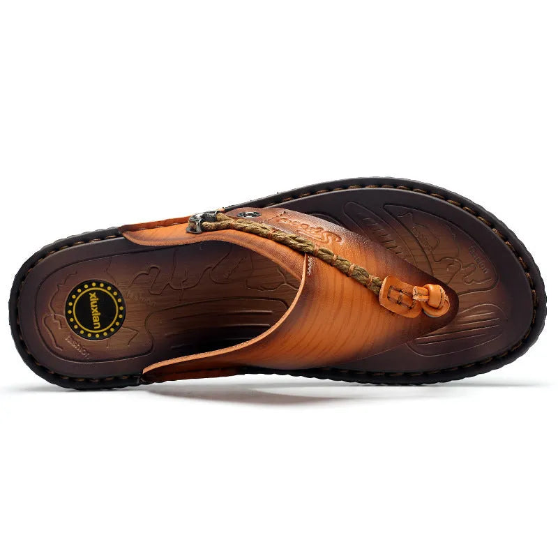 Plus size dark blue men's outdoor slippers with herringbone rubber sole and artificial PU upper.