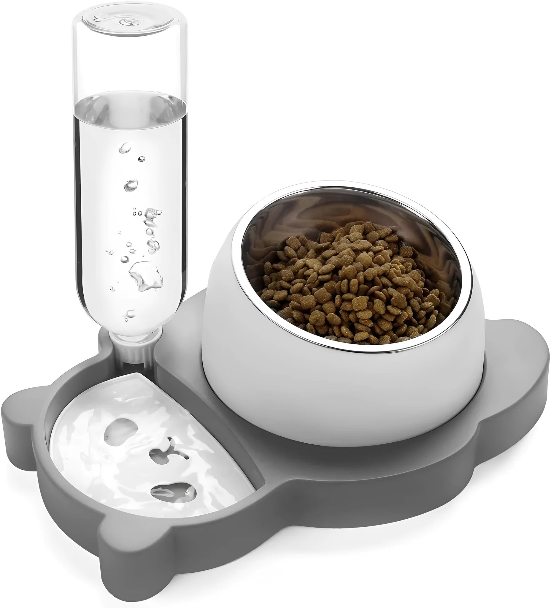Grey automatic water dispenser and tilted raised stainless steel bowl pet feeder set.