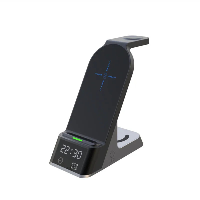 Black multifunctional alarm clock with wireless charging pad, digital display, and USB port.