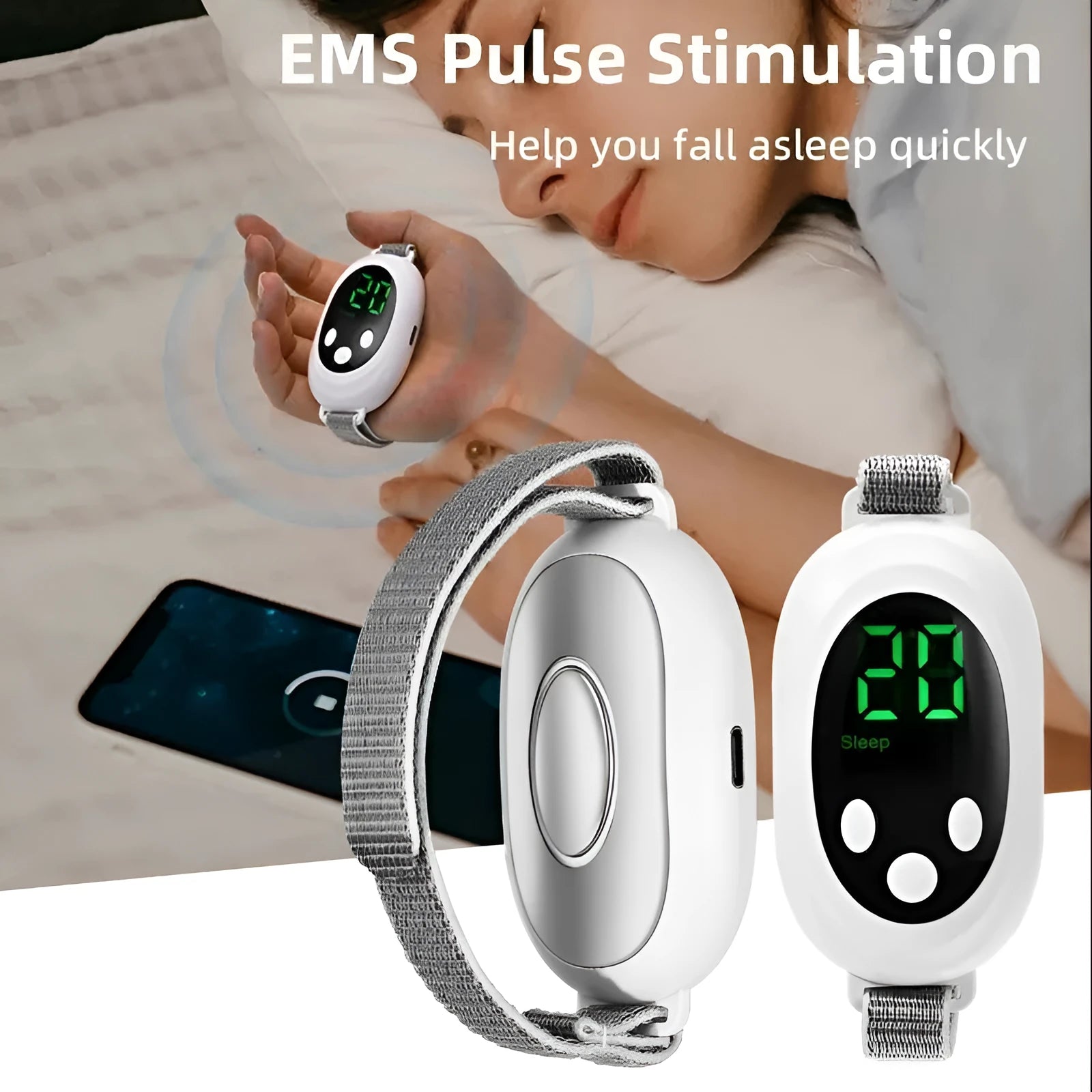 White sleep aid bracelet device with remote control and 20 intensity gears on a USB charging cable