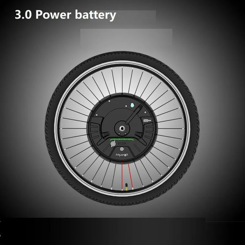 Yunzhilun 26 inch bicycle electric conversion kit showing hub motor wheel, lithium battery pack, and charger