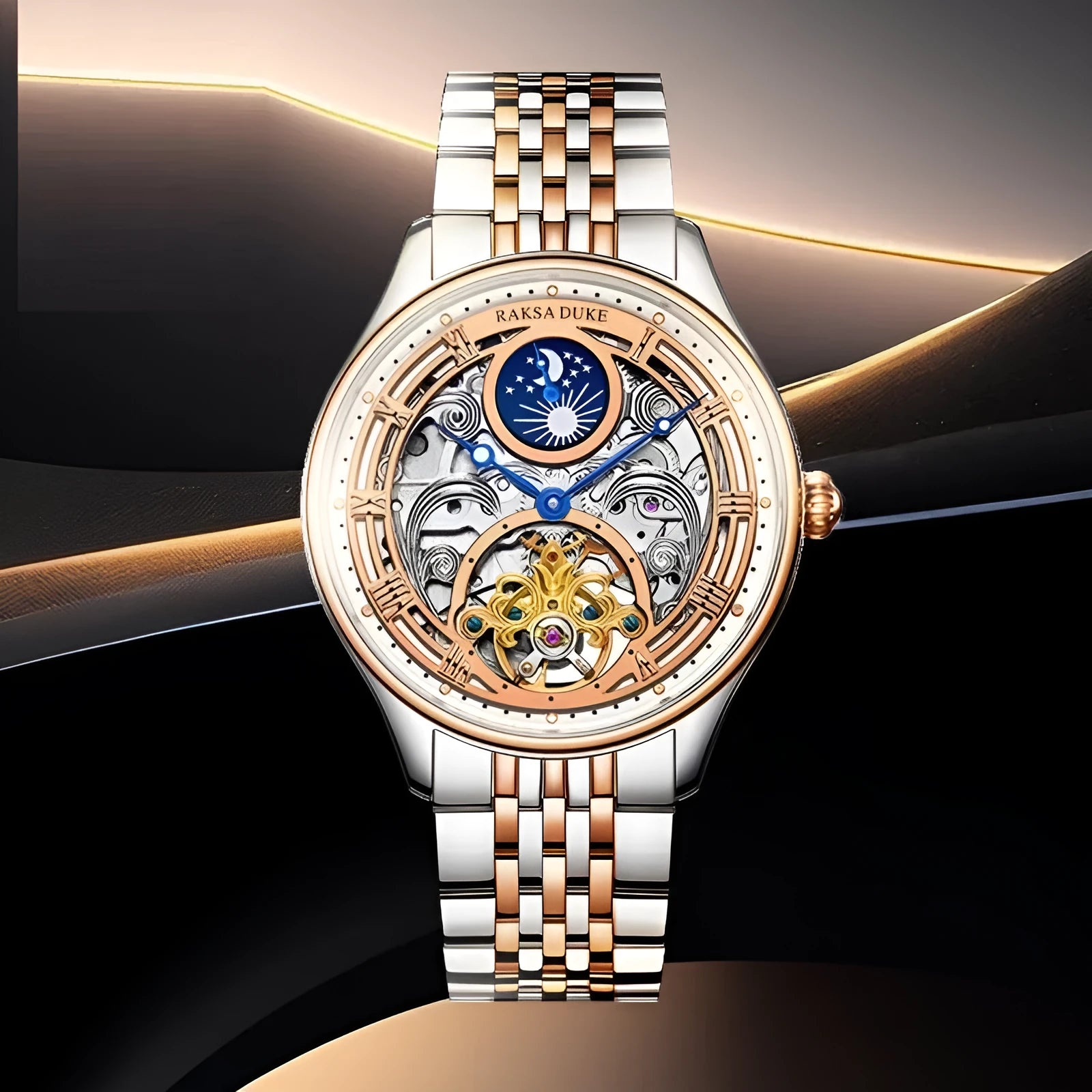 Men's business waterproof watch with a steel strap in rose gold or white steel finish, showing the Duke Rosa dial.
