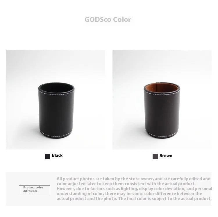 Round black leather pen holder container showing 8.0cm diameter and 10.8cm height dimensions
