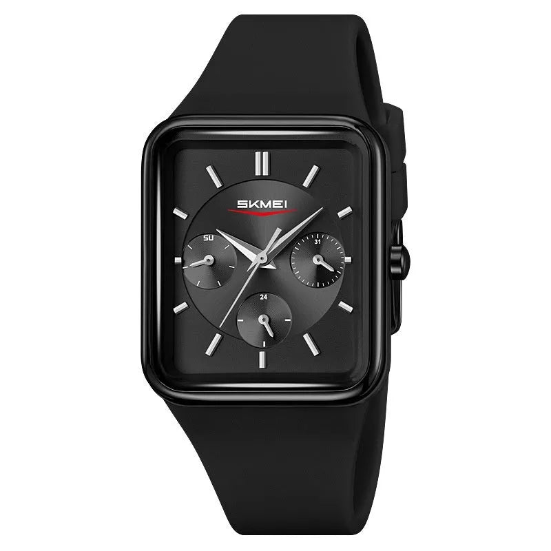 Square analogue silicone watch for women in white rose gold colour on a wrist, showing slim profile.