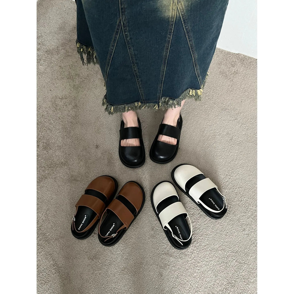 Women's retro Korean style sandals with closed toe, ankle strap buckle, in apricot colour.